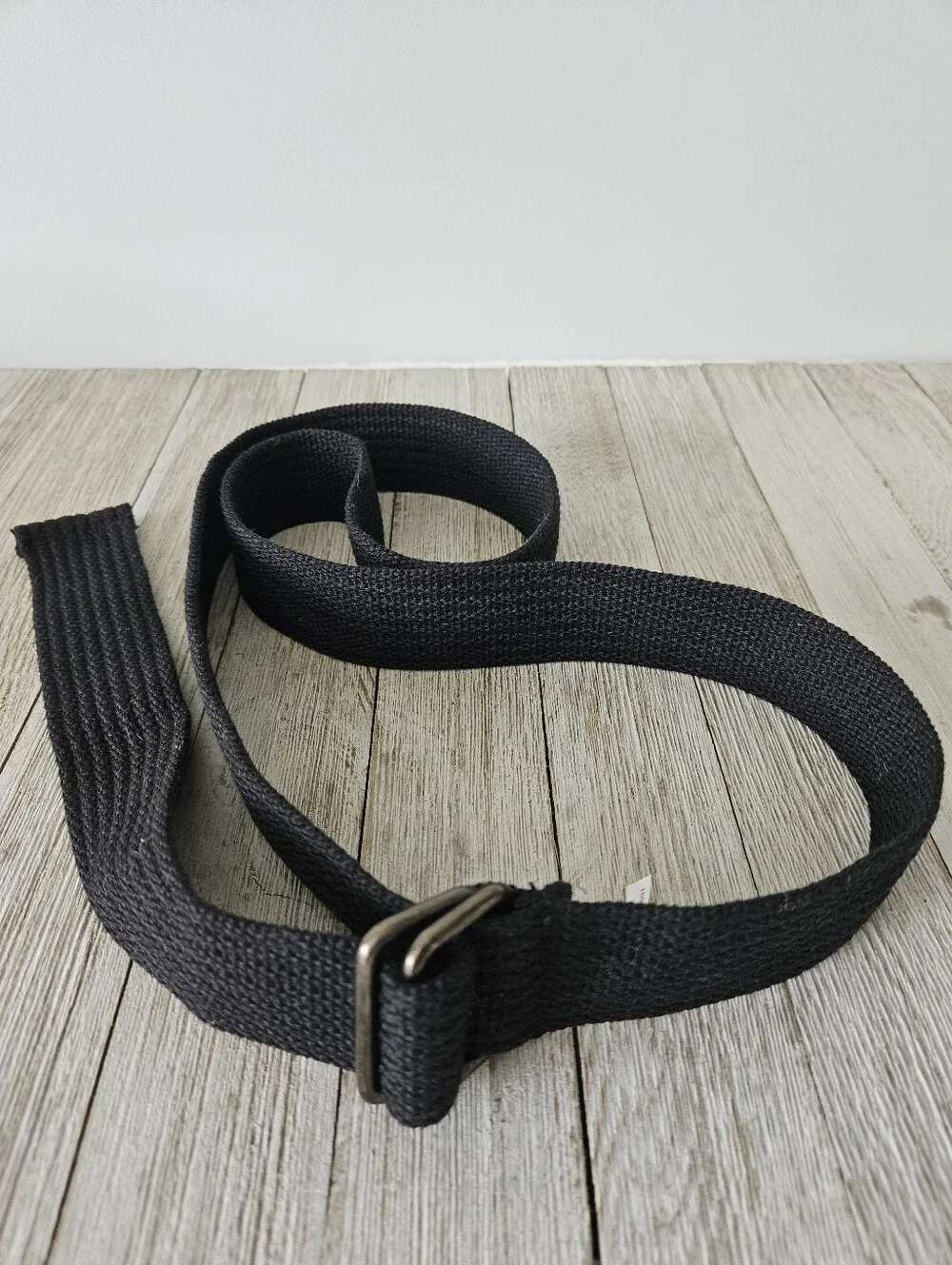 Black Woven Cotton Canvas Web Belt with Metal Double Ring Buckles .Measures 1.5